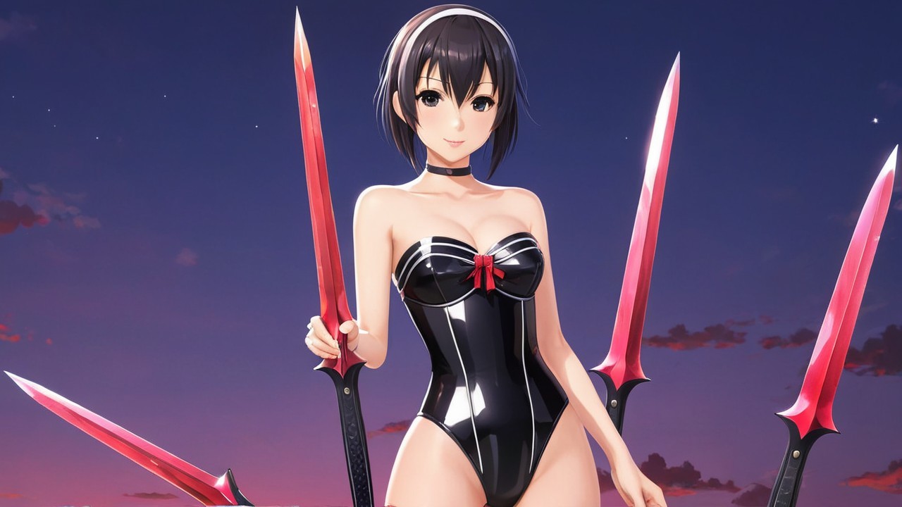 Anime Character with Swords Against Sunset Background