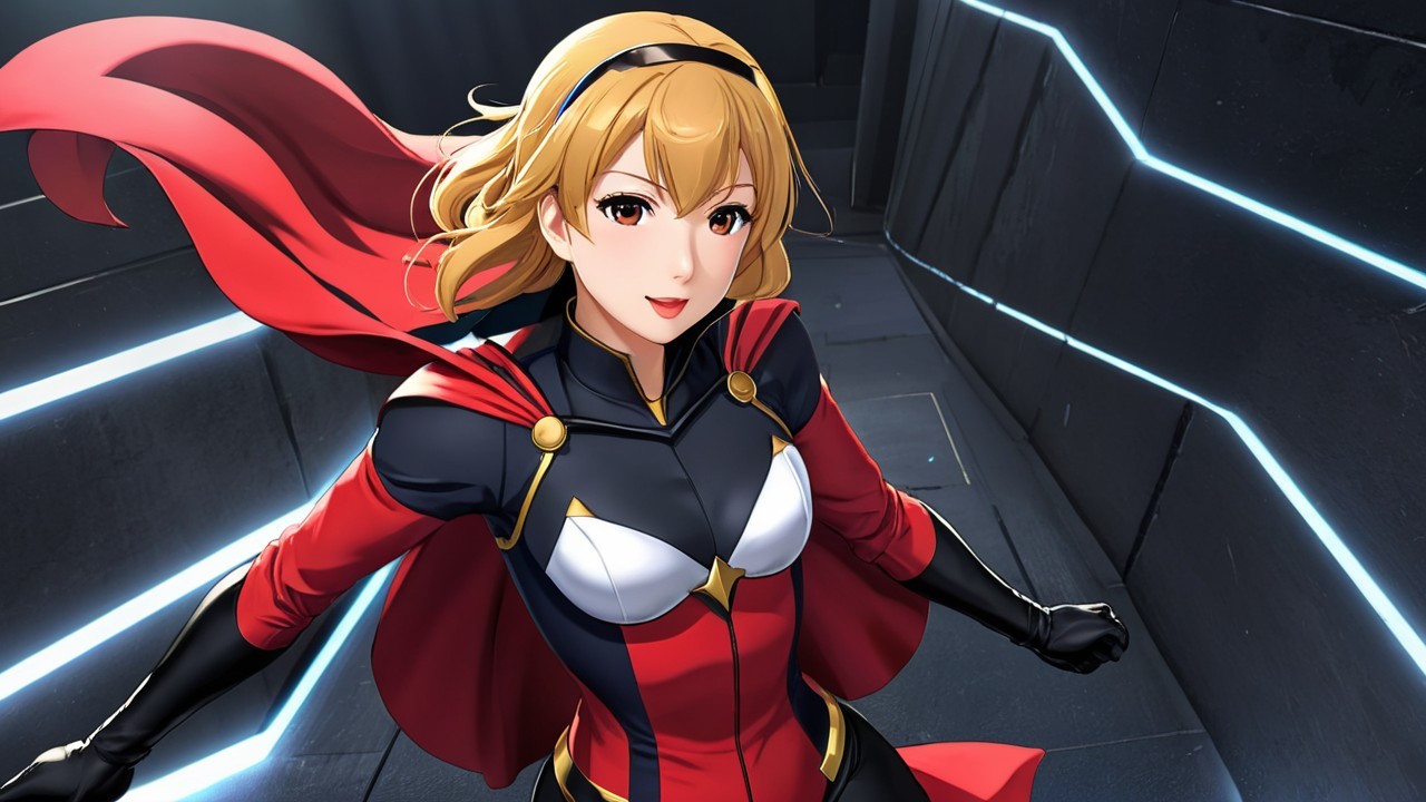 Anime-style superhero character in red and black costume