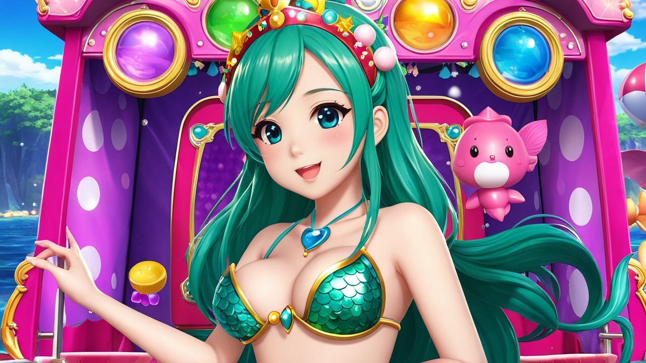 Cheerful Girl in Mermaid Bikini with Colorful Background