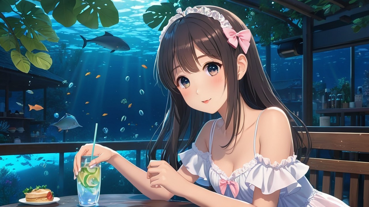 Young woman at table with drink in serene underwater scene