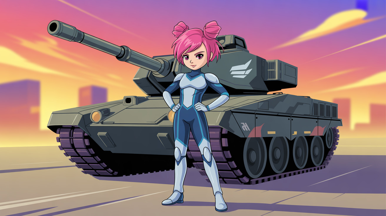 Anime Girl in Futuristic Armor Beside Military Tank