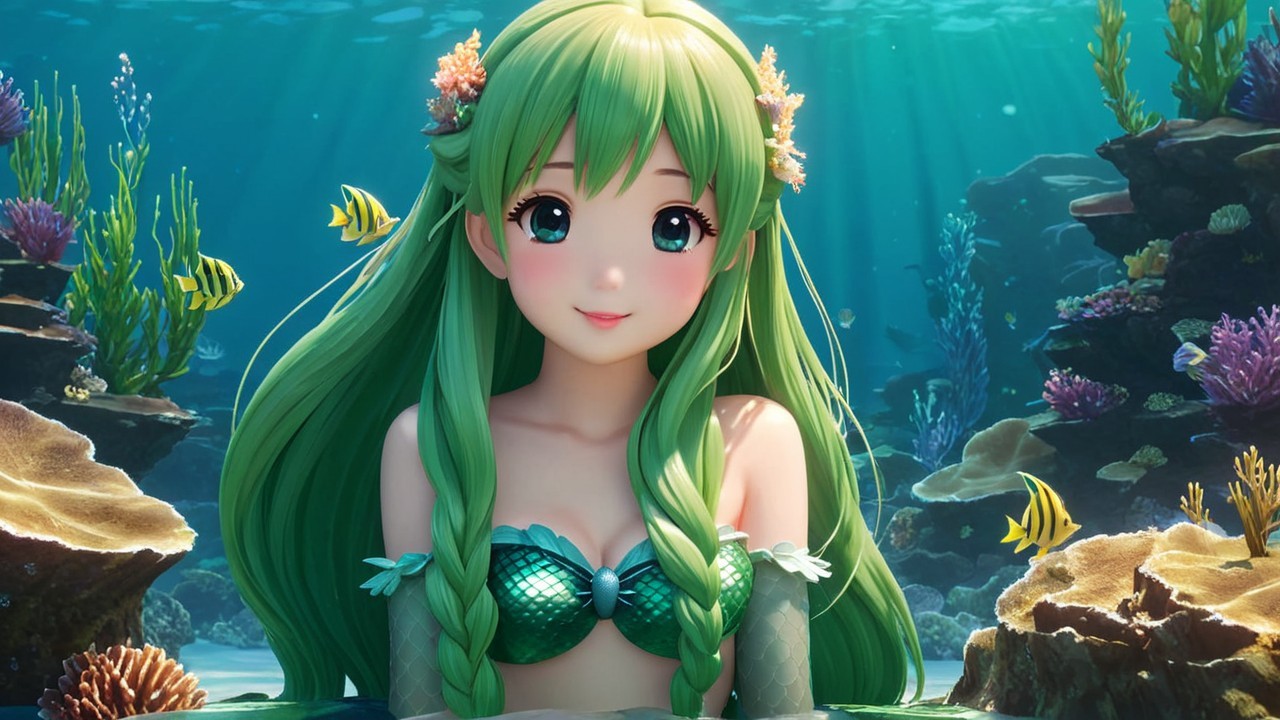 Whimsical Underwater Scene with Mermaid and Coral Reefs