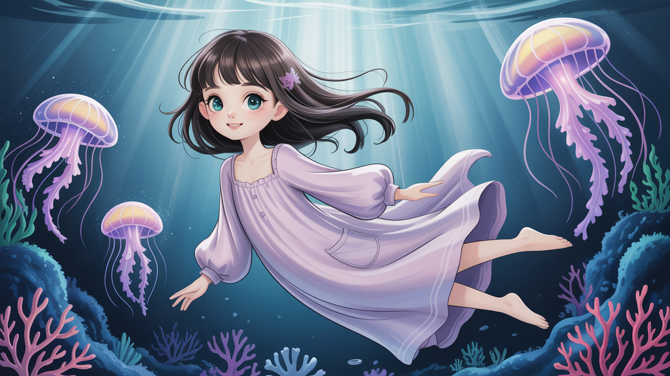 Anime Illustration of a Girl Swimming with Jellyfish
