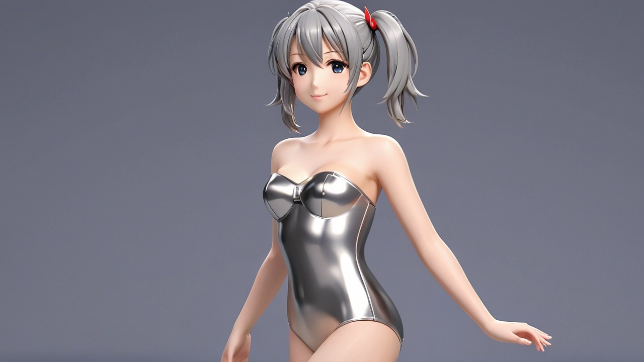 3D Character in Metallic Swimsuit with Gray Hair