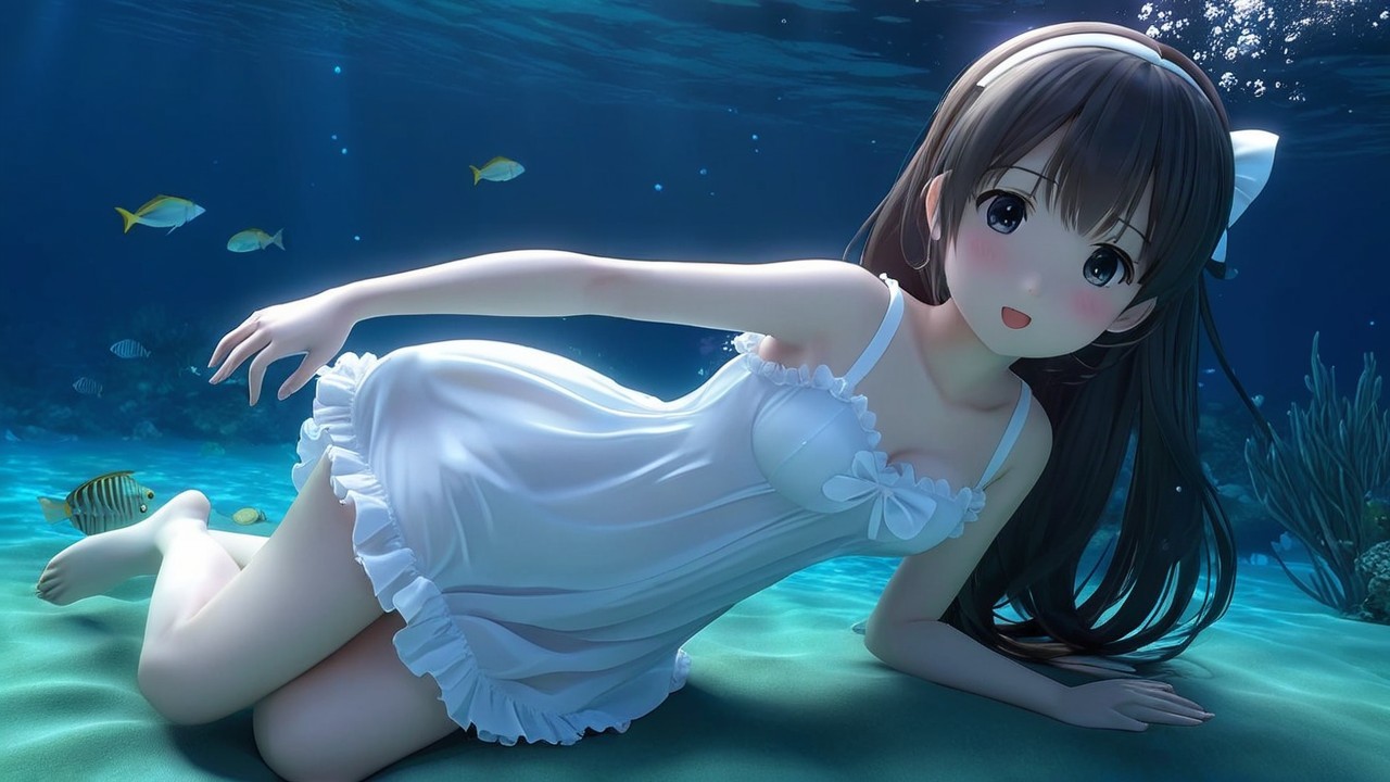 Underwater Scene with Girl in White Dress and Coral