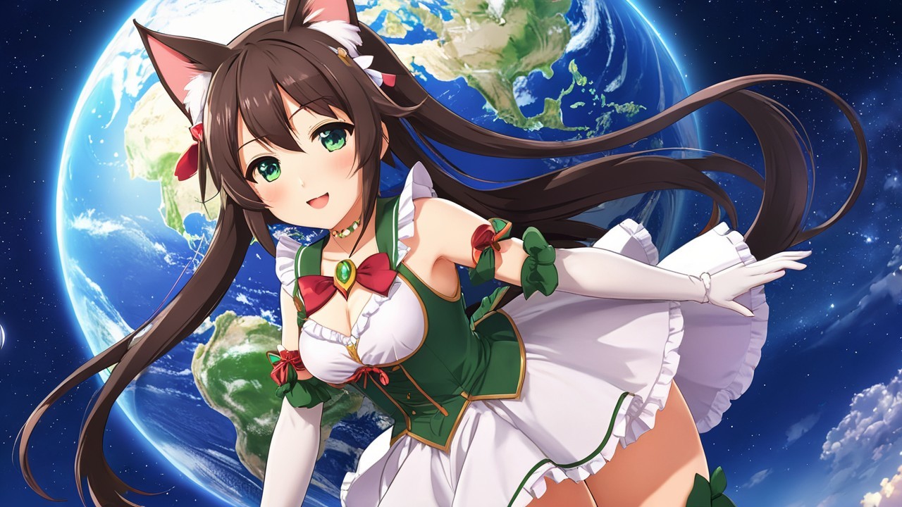 Cheerful anime character with cat ears and holiday dress
