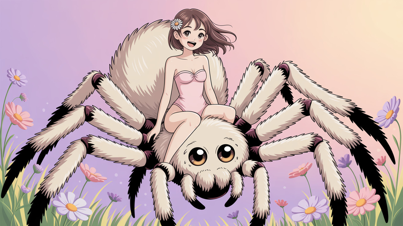 Anime girl in swimsuit riding a large fuzzy spider
