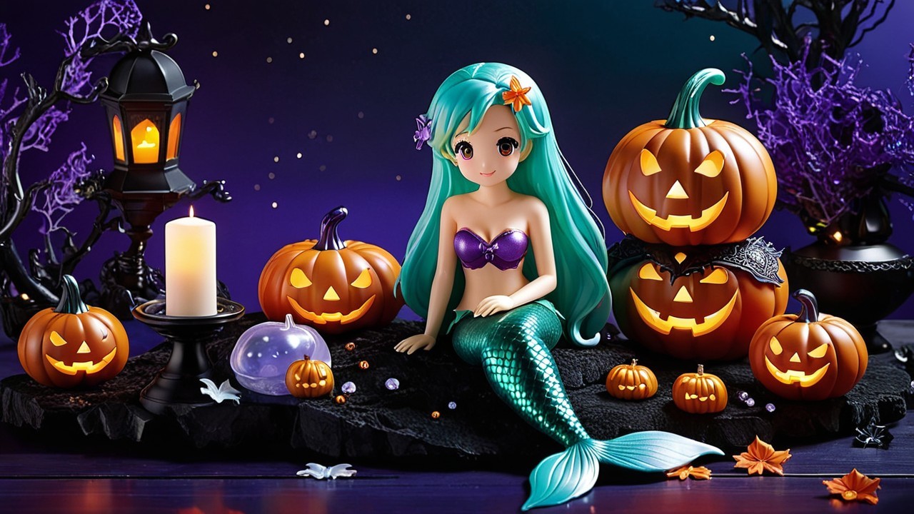 Whimsical Halloween Scene with Mermaid and Pumpkins