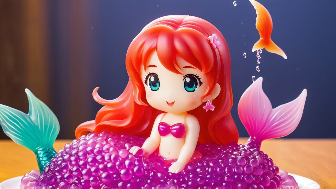 Colorful Mermaid Figurine Surrounded by Gel Bubbles