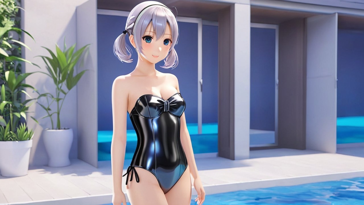Anime Character in Black Swimsuit by Poolside