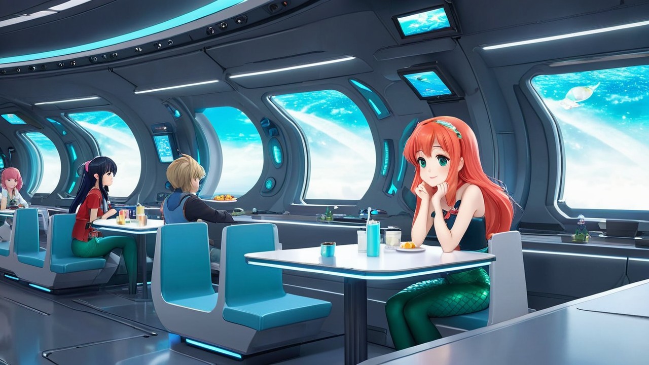 Futuristic Underwater Café with Ocean Views and Patrons