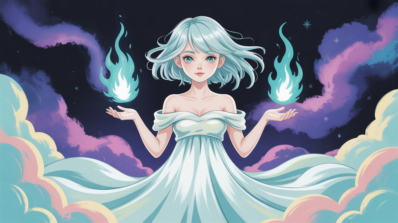 Full-body anime girl in gown with turquoise flames