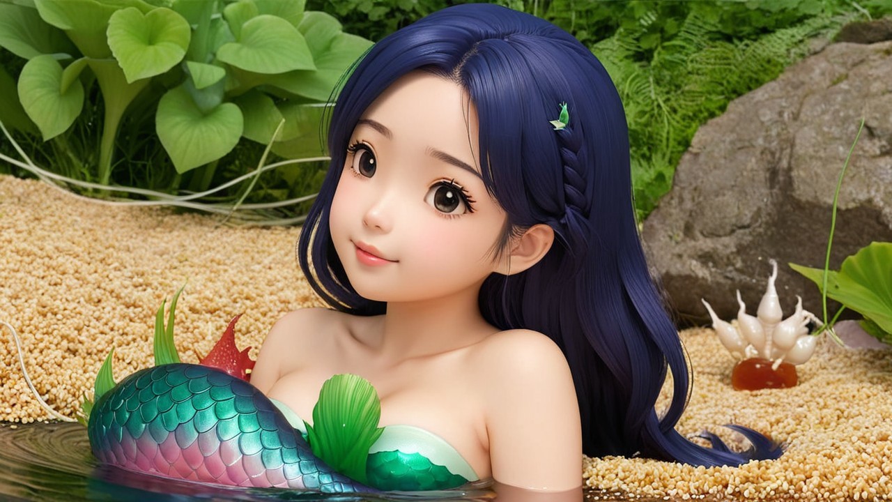 Mermaid in a serene pond with vibrant surroundings