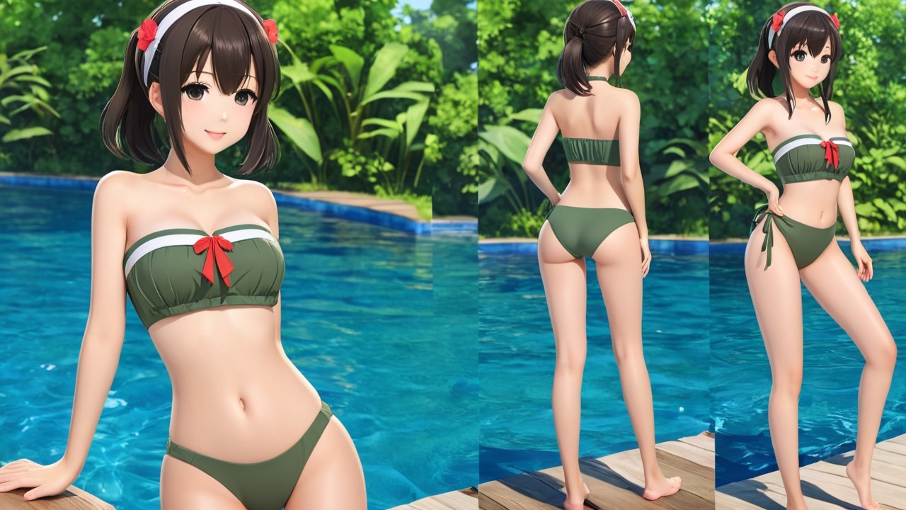 Young woman in green bikini by a poolside setting