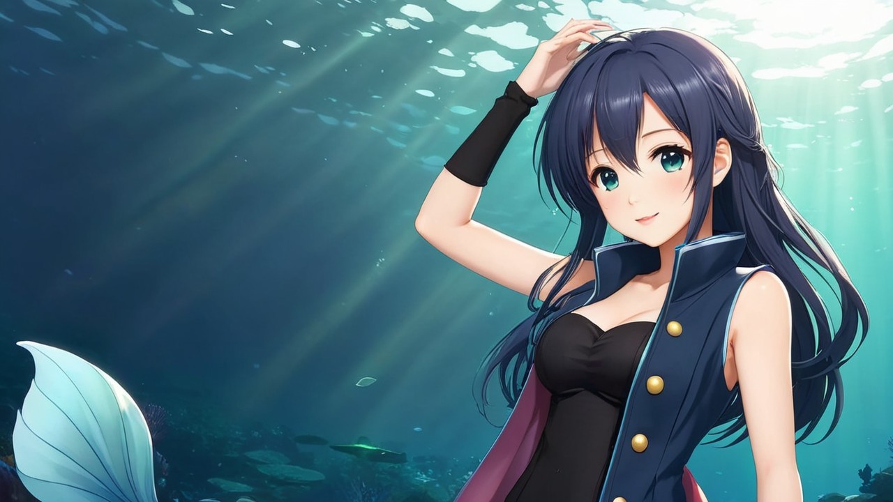 Young Woman with Dark Blue Hair Underwater Scene