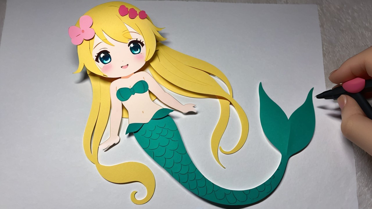 Cartoon-style paper mermaid character with details