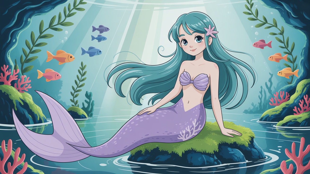 Underwater Cartoon Illustration of a Mermaid Relaxing