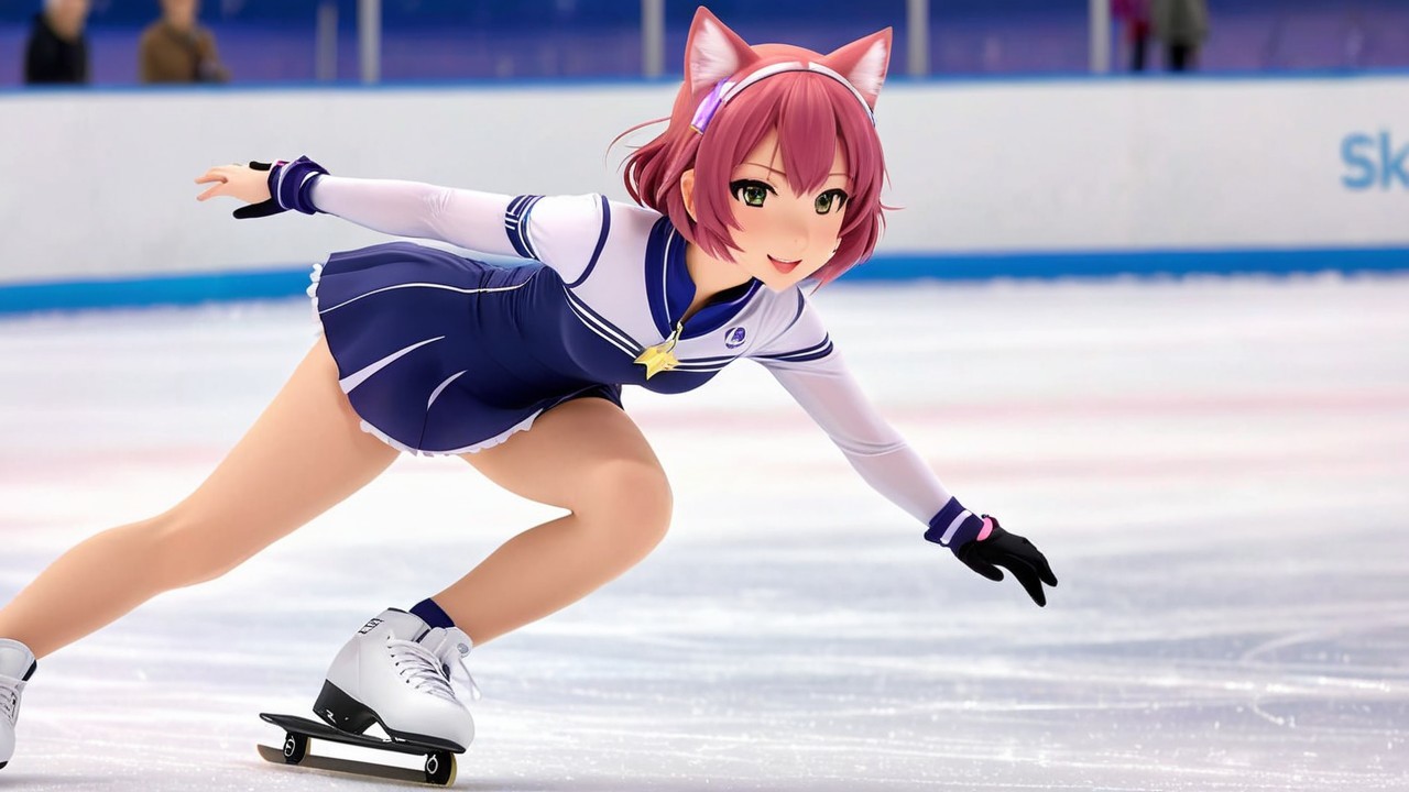 Elegant Ice Skater in Navy Outfit with Cat Ears