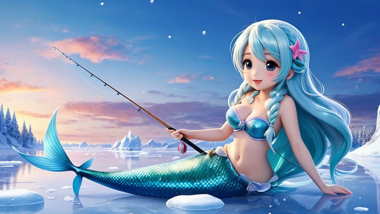 Charming Animated Mermaid on Icy Surface with Landscape