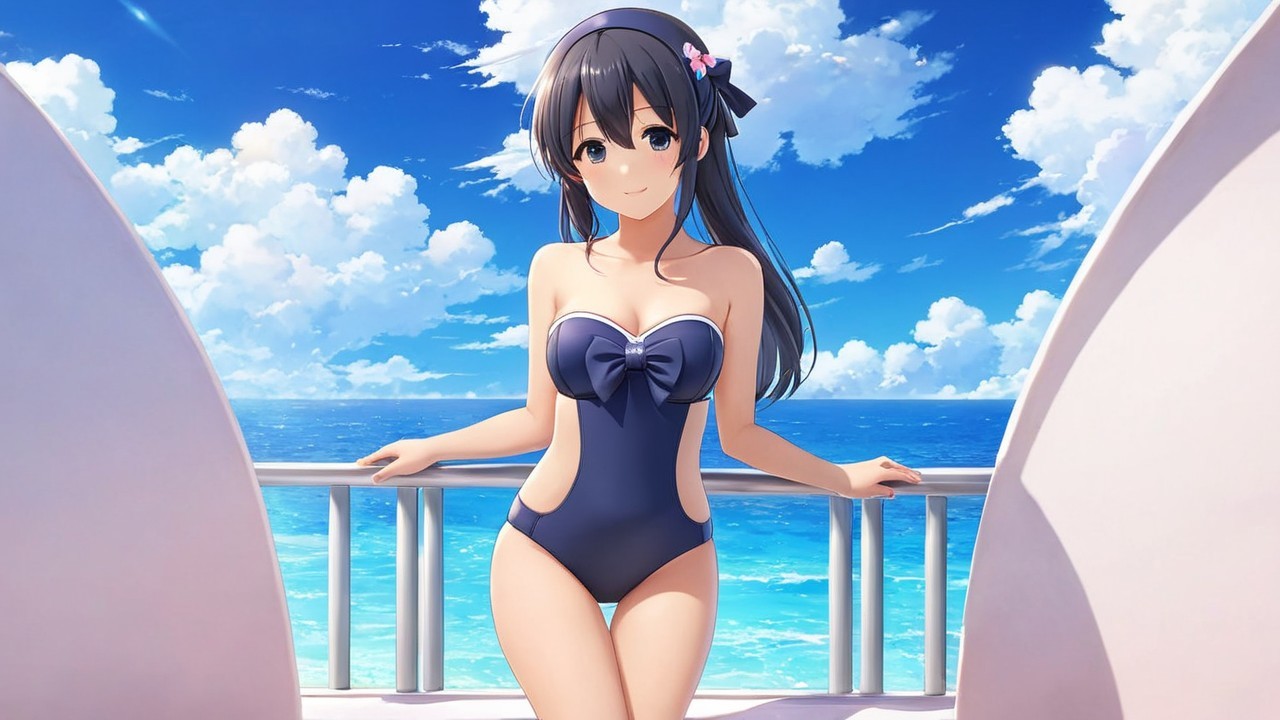 Cheerful Anime Girl on Balcony with Seascape View