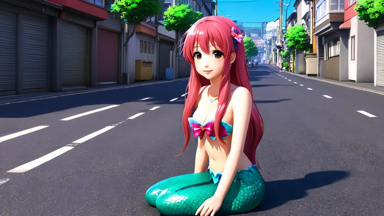 Mermaid in Colorful Bikini on Urban Street Scene