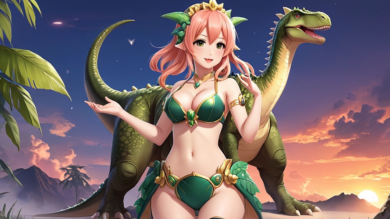 Vibrant Character with Dinosaur in Tropical Sunset Scene