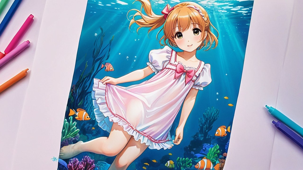 Whimsical Underwater Scene with Young Girl and Fish