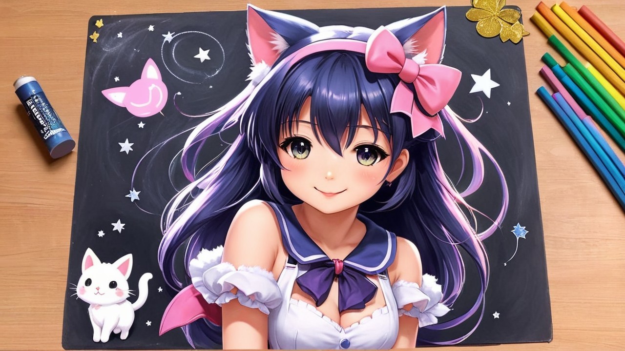Anime girl in maid outfit with cat ears and stars