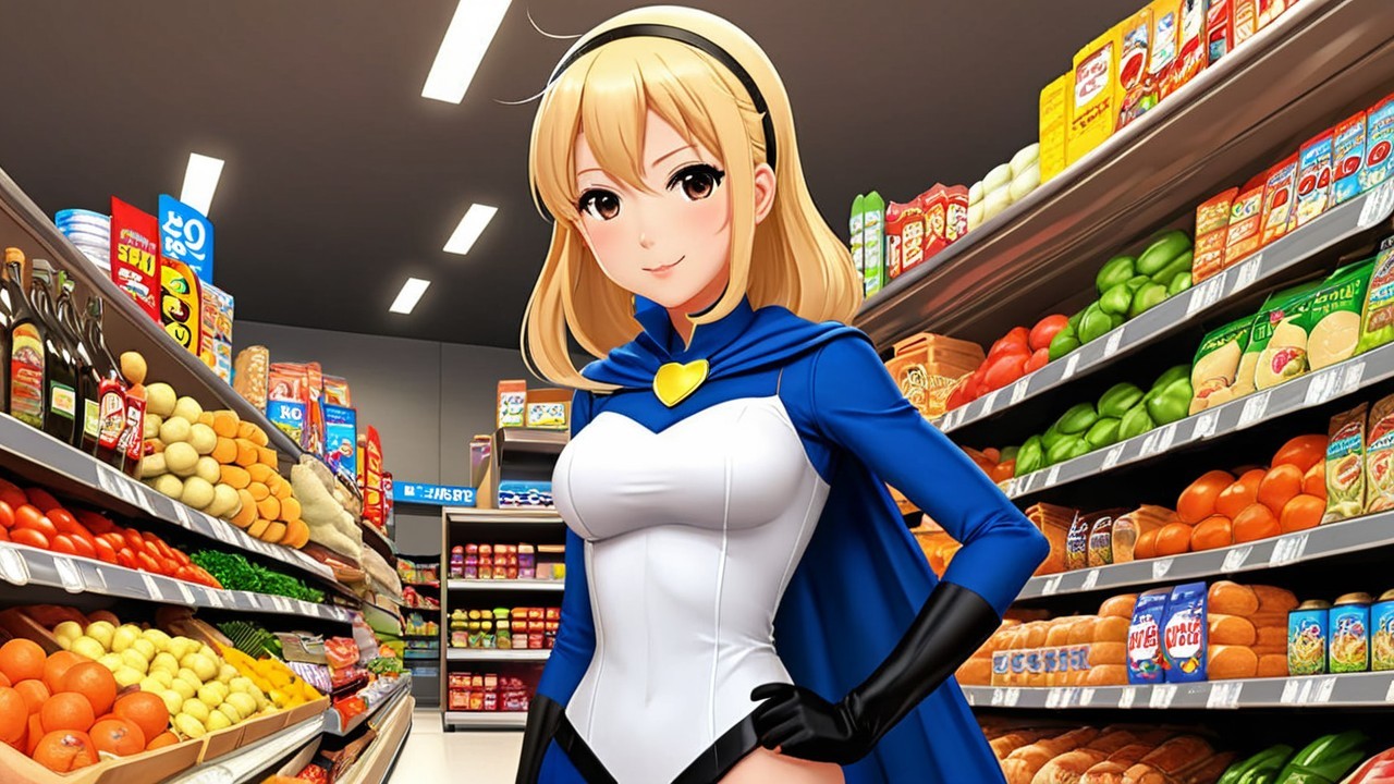 Female Superhero Character in Supermarket Aisle
