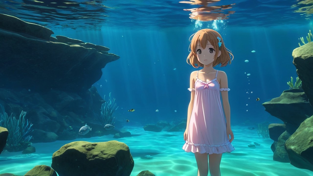 Young girl underwater with aquatic life and sunlight