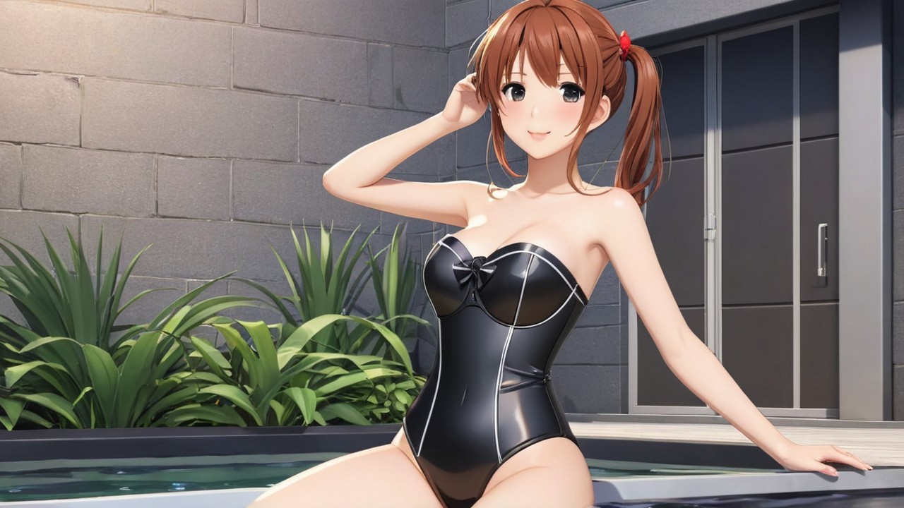 Cheerful Character by Modern Poolside in Stylish Swimsuit