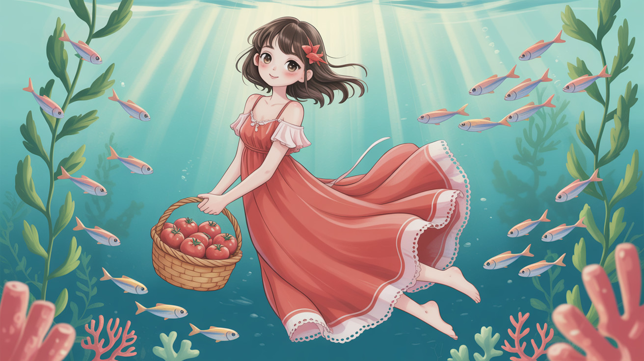 Anime girl swimming underwater with vibrant red dress