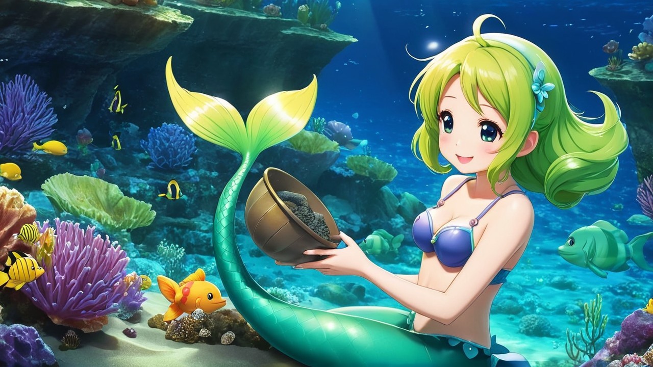 Cheerful mermaid in colorful underwater scene with treasures