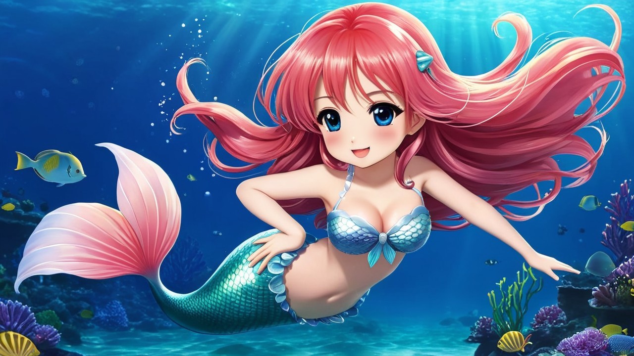 Vibrant Underwater Scene with Cheerful Mermaid