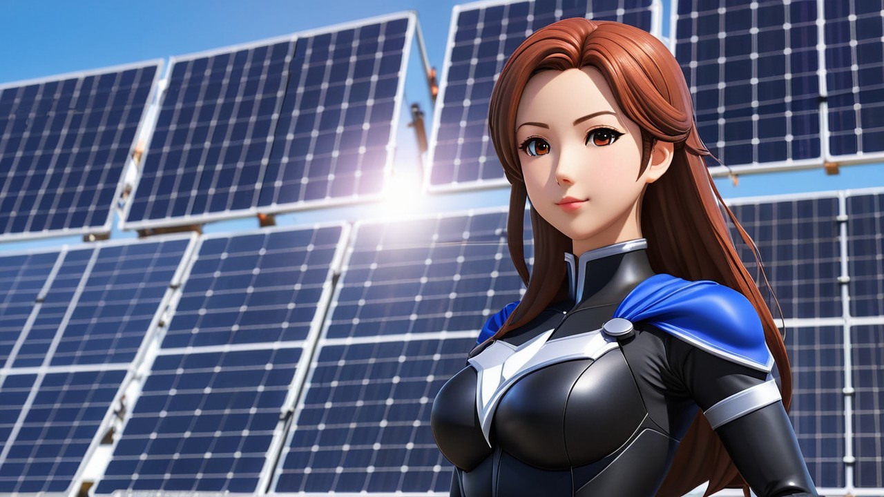 Anime-style female character with solar panels backdrop
