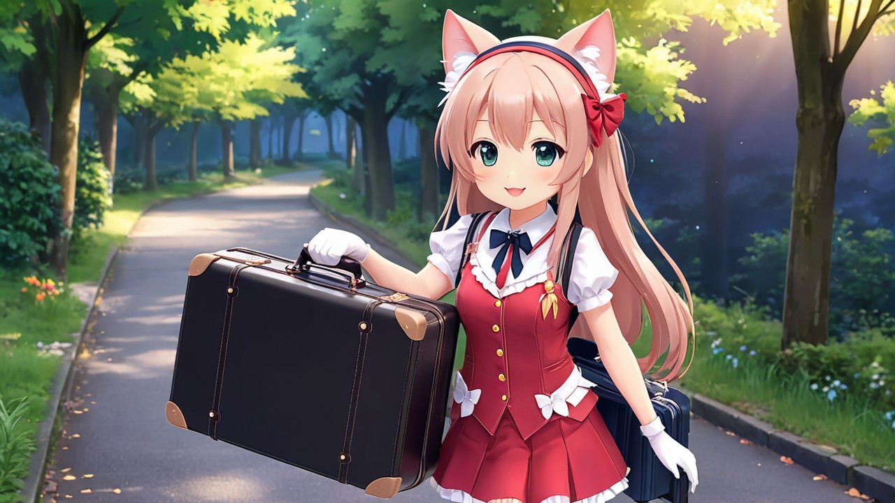Cheerful anime character with cat ears on a path