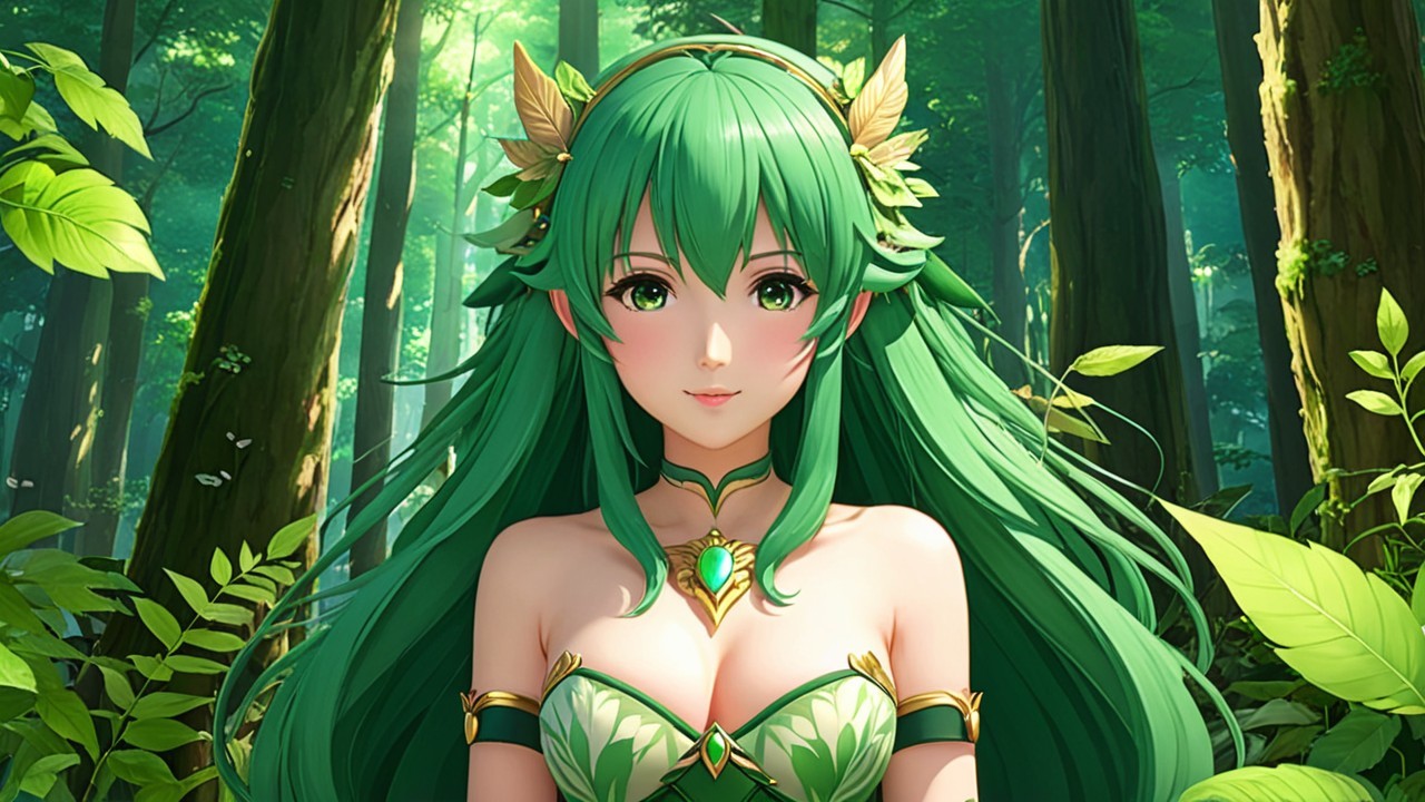 Character in Lush Forest with Green Hair and Leaf Outfit