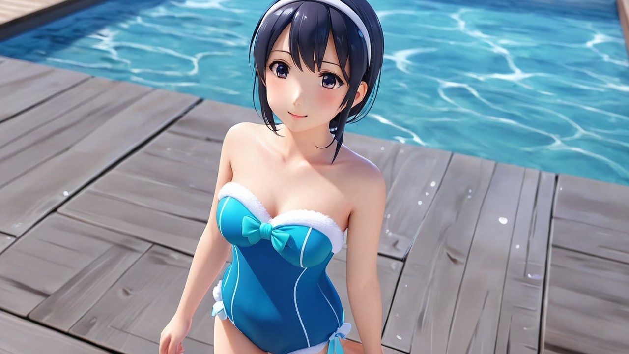 Cheerful anime girl by a sparkling blue pool