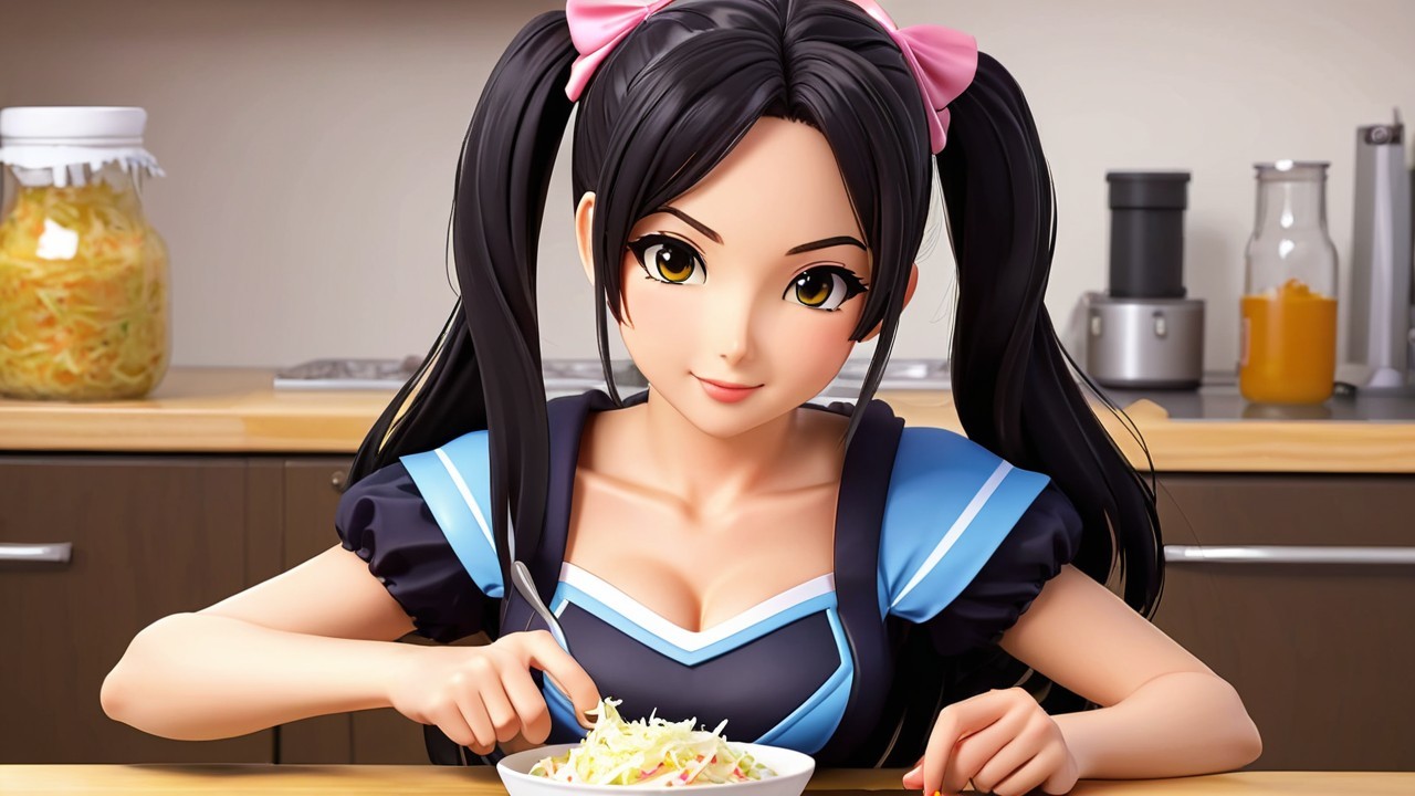 Character with Pigtails Prepares Salad in Bright Kitchen