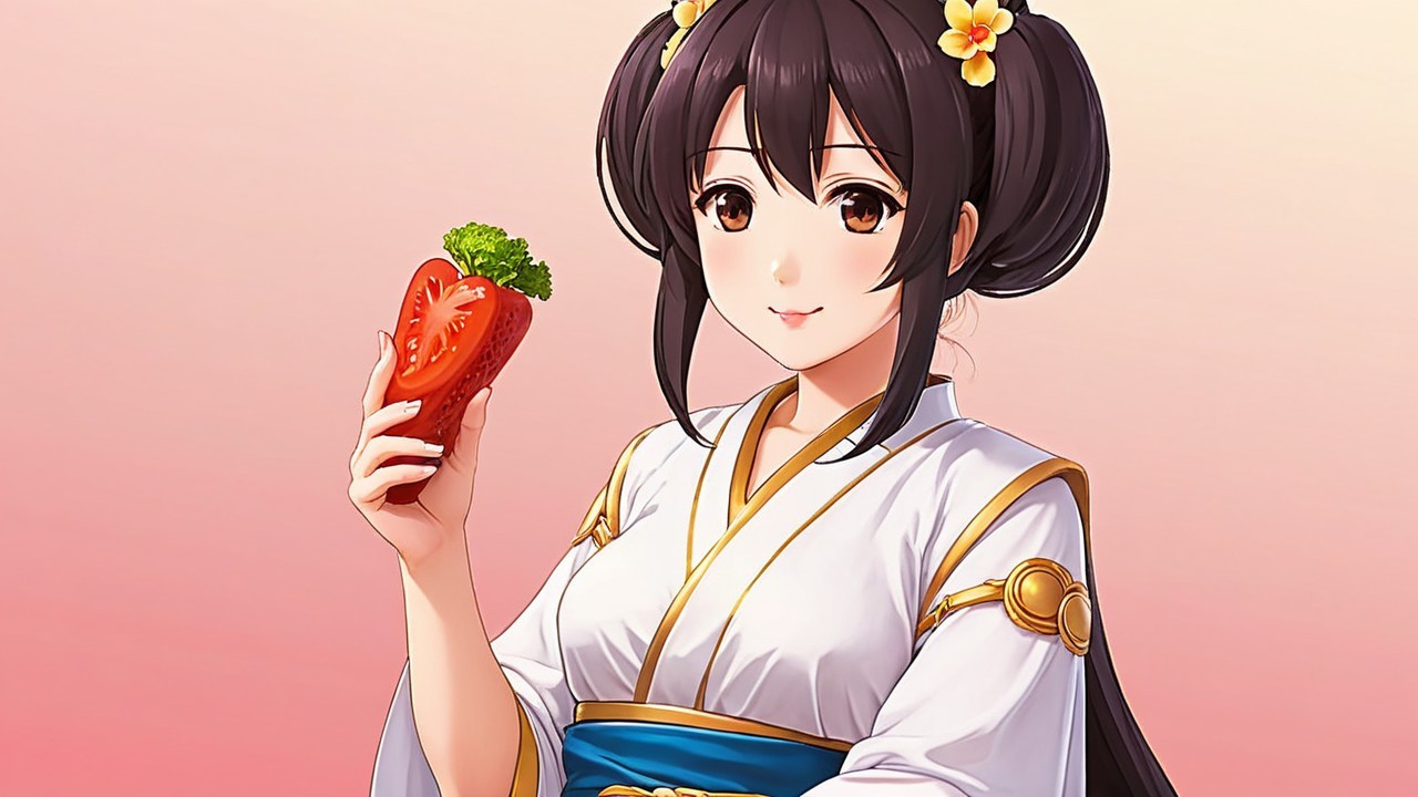 Cheerful woman in traditional attire with strawberry