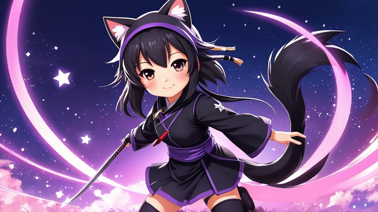 Anime Character with Cat Ears and Katana in Stars