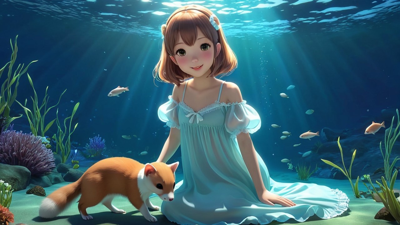 Young girl in blue dress among vibrant marine life
