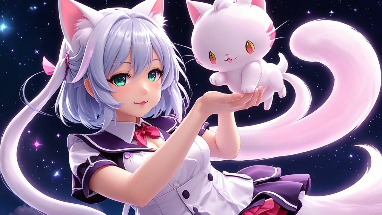 Anime girl with blue hair and kitten in starry night