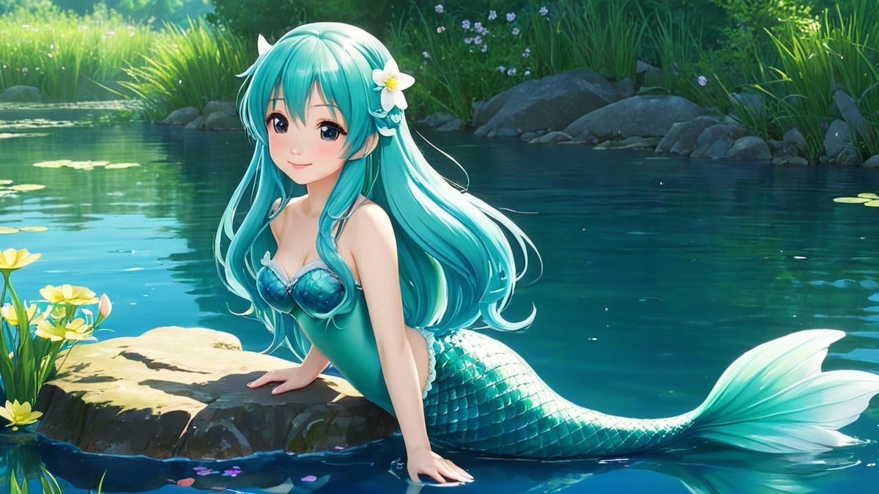 Mermaid by a Tranquil Pond with Lush Greenery