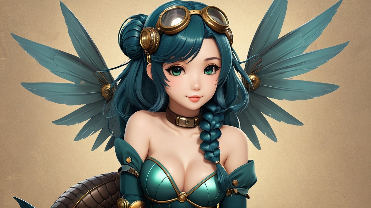 Stylized Character with Teal Hair and Intricate Wings