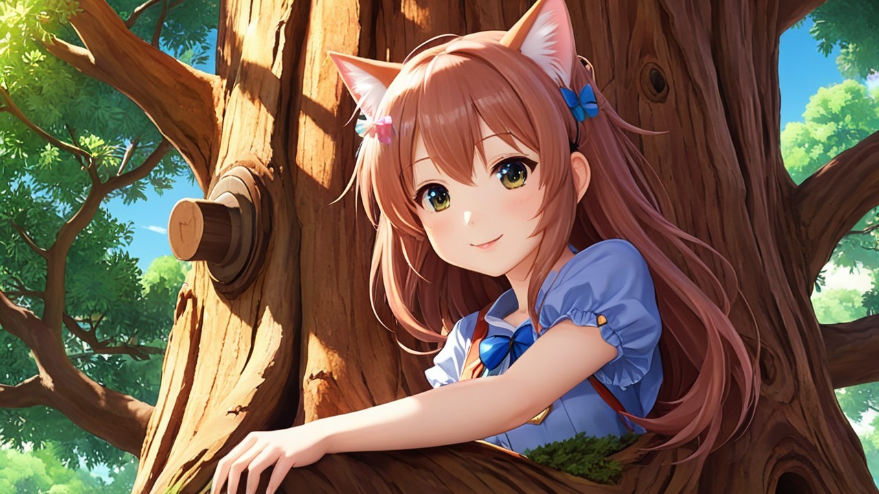 Cheerful girl with cat ears in enchanted forest scene