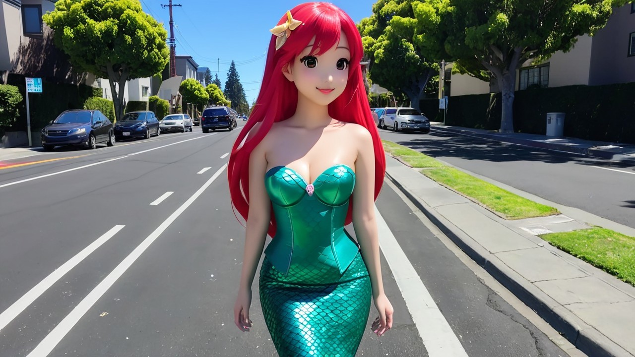Animated Mermaid Character in Urban Street Scene