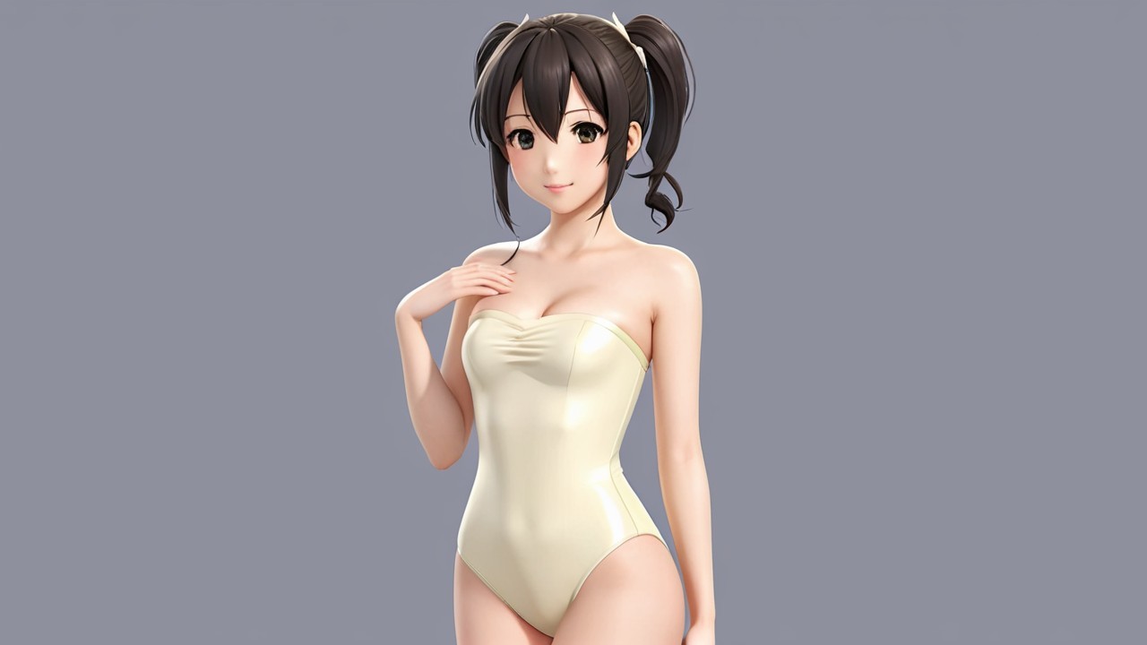 Stylized anime character in light swimsuit with pigtails