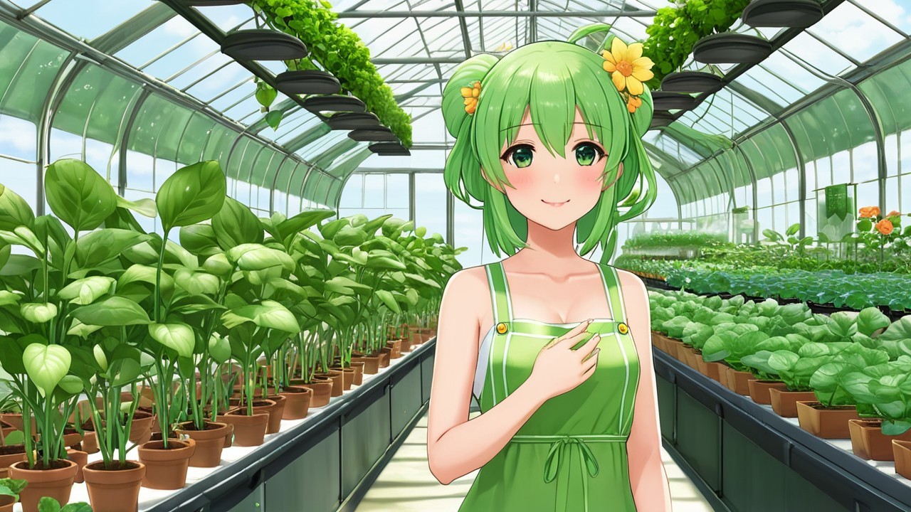Cheerful Character in Vibrant Greenhouse Setting