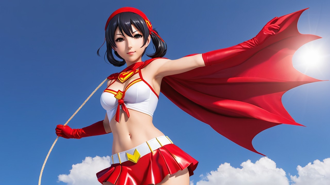 Female superhero in red and white costume against sky
